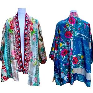 Like New Johnny Was Silk Floral Kimono Jacket Reversible embroidered rose xs S